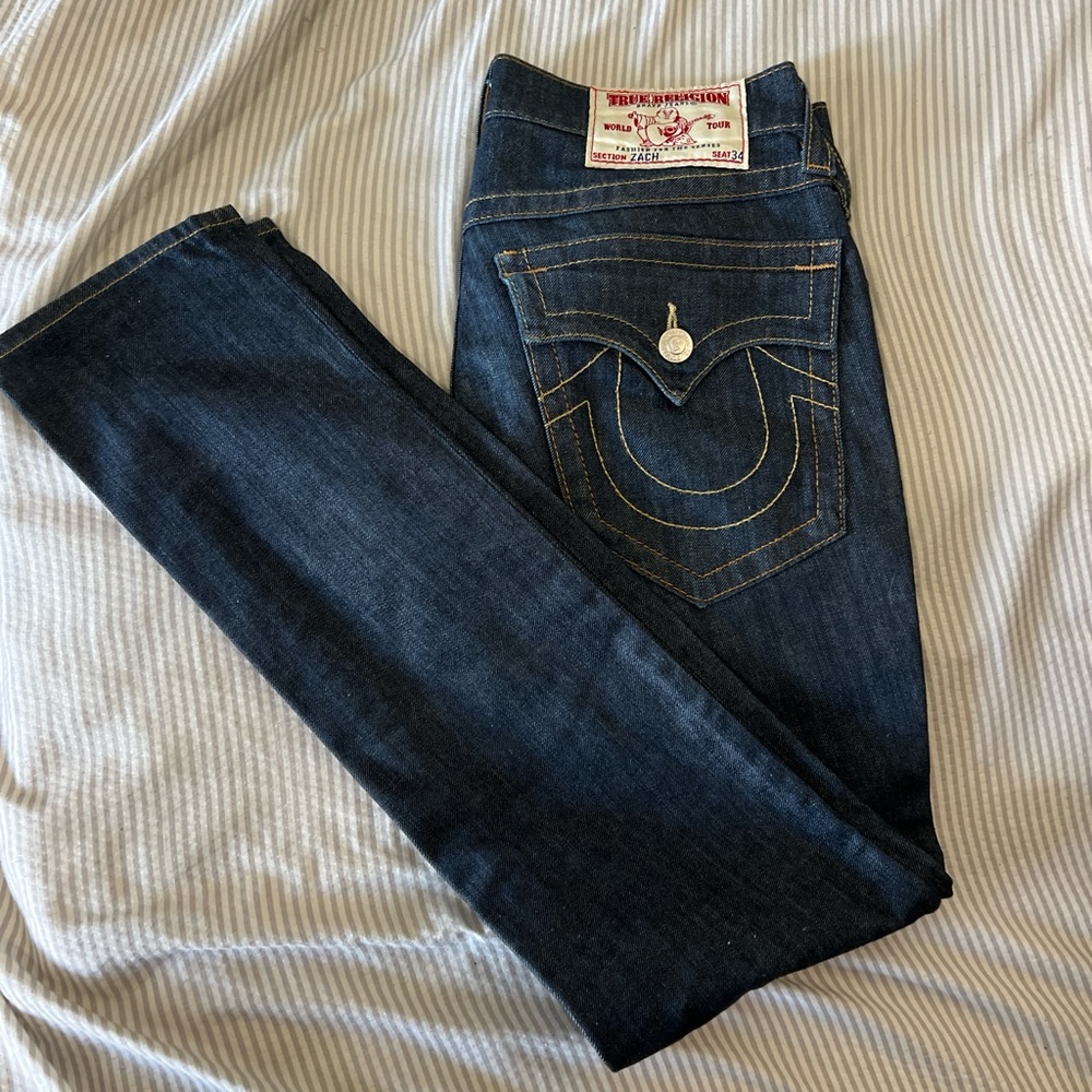 True Religion Blue Straight Leg Jeans with Signature Stitching